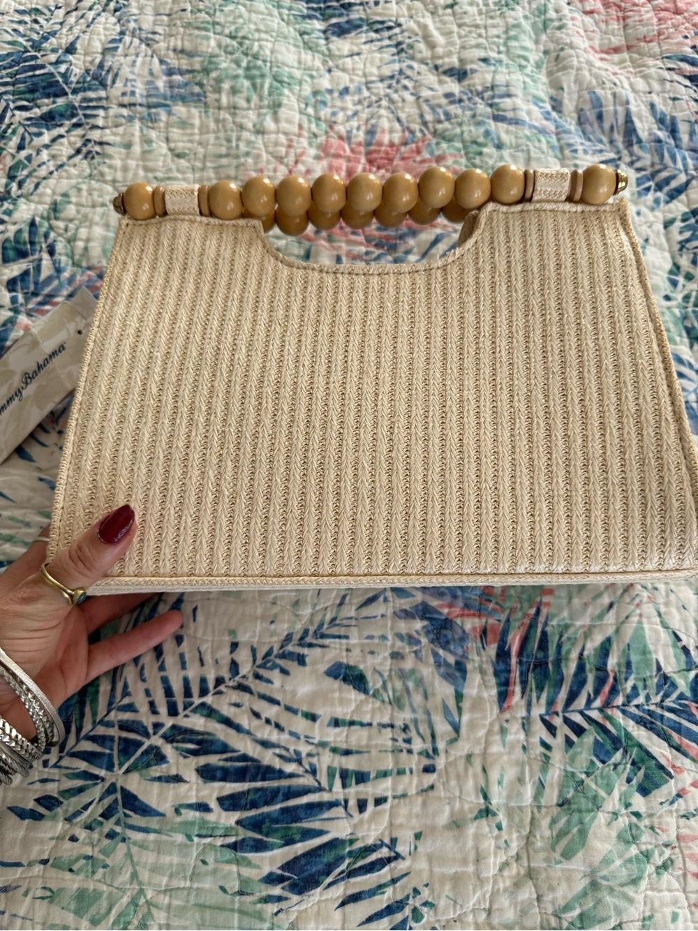 Tommy Bahama Woven Straw Handbag Wooden Bead Handle Cream Resort Purse